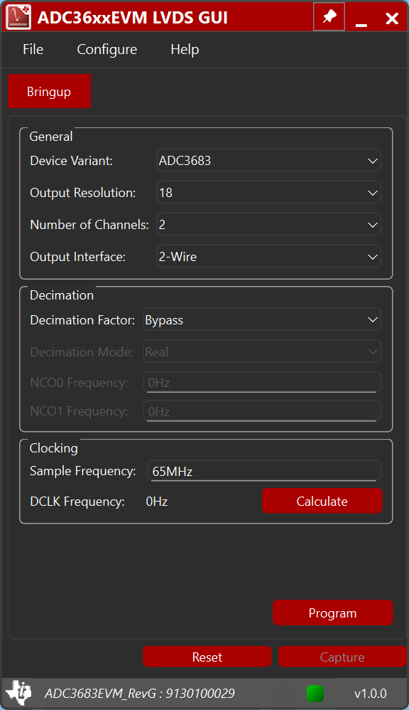 ADC3663EVM, ADC3664EVM, ADC3683EVM ADC36xx LVDS GUI 默認(rèn)界面（基于 ADC3683 配置）