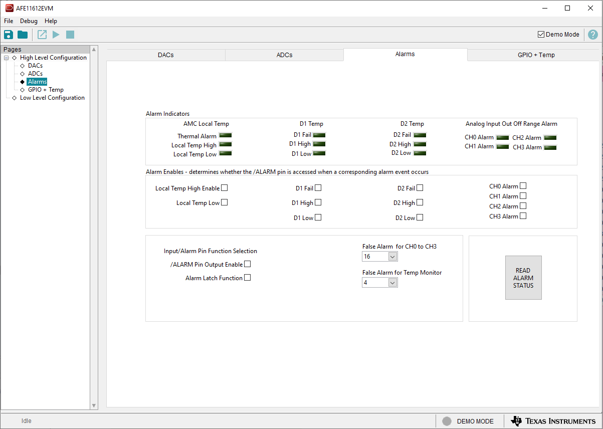 AFE11612EVM “Alarms”子頁面