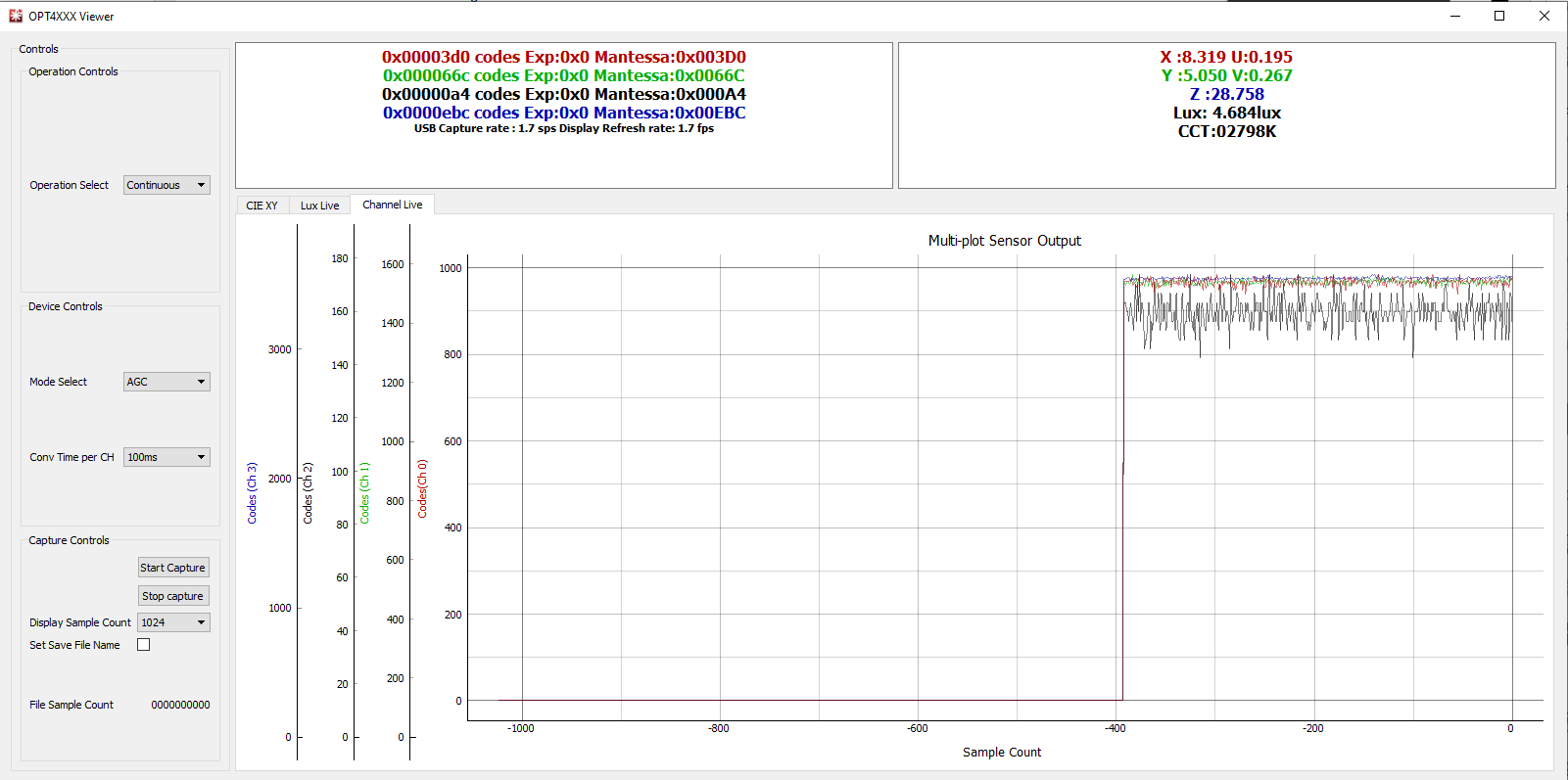 OPTEVM OPT4048DTSEVM 的“Channel Live”窗口