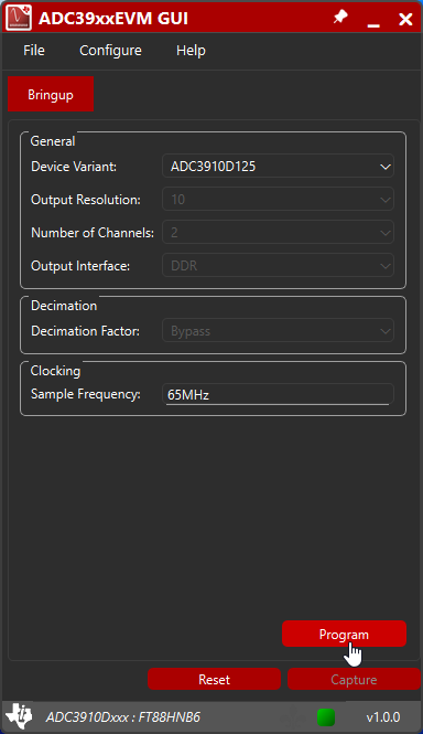 ADC3910D125EVM 使用 ADC39xxEVM GUI 對(duì) ADC 進(jìn)行編程