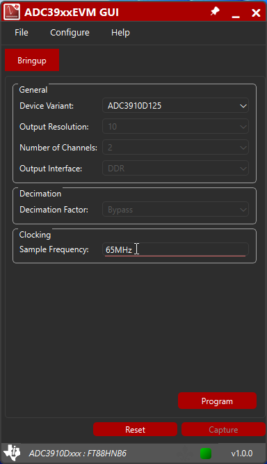 ADC3910D125EVM 在 ADC39xxEVM GUI 中設(shè)置采樣頻率