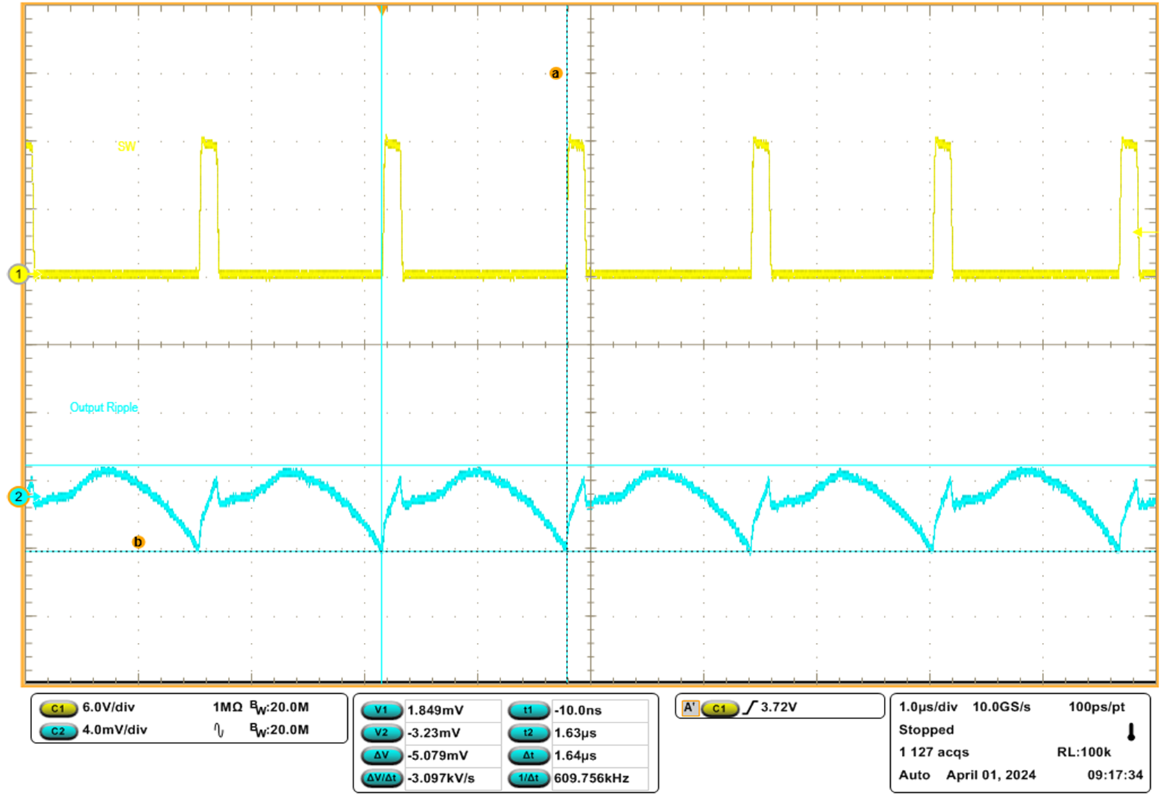 TPS544C27 輸出電壓紋波，600kHz FCCM，35A 負(fù)載