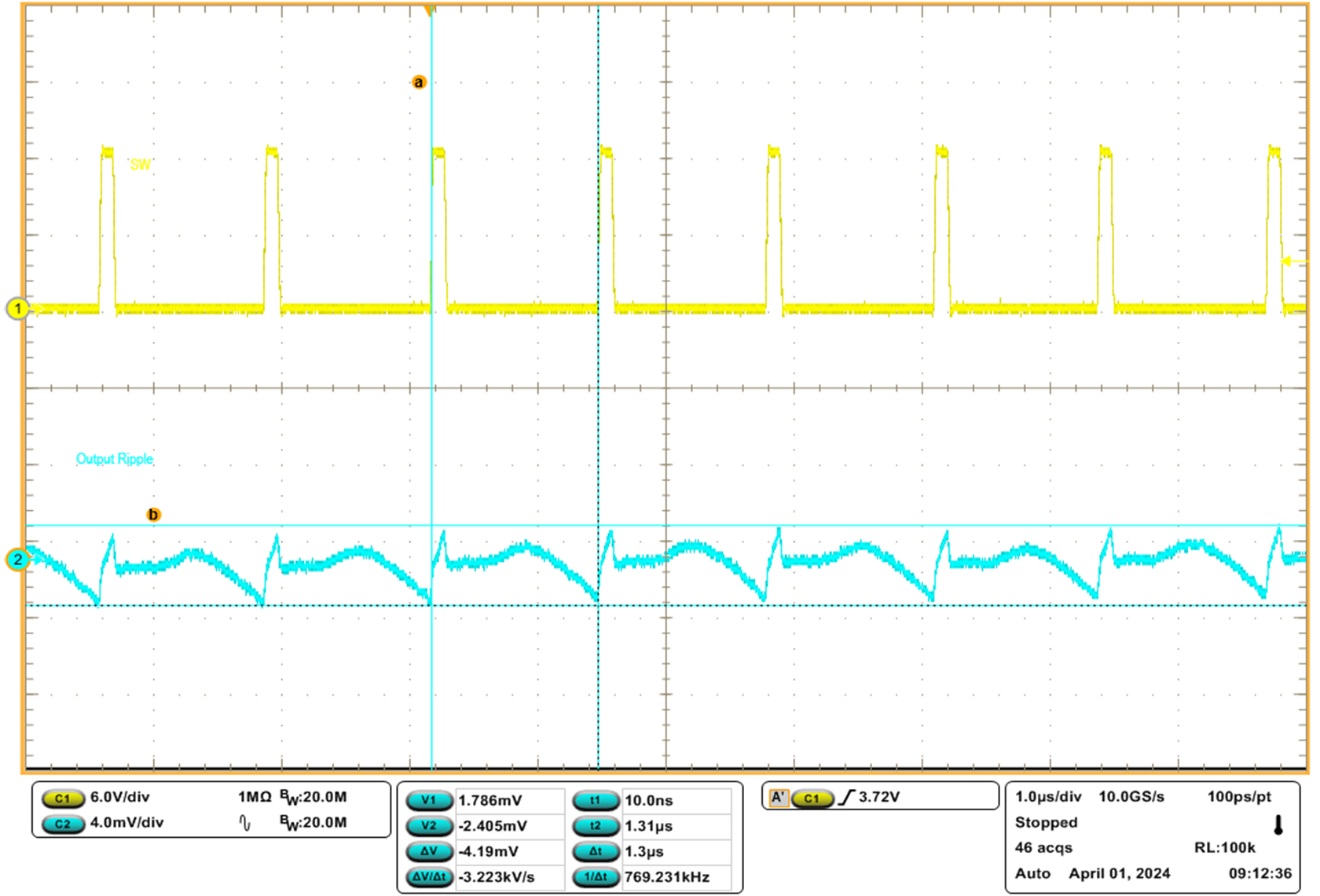 TPS544C27 輸出電壓紋波，F(xiàn)CCM，800kHz，0.5A 負(fù)載