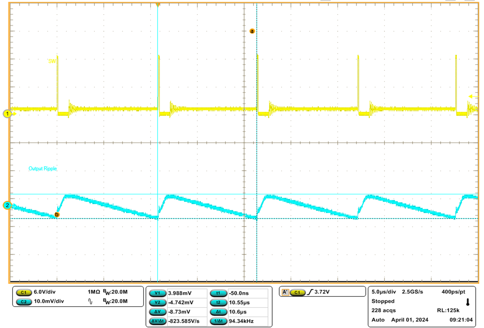 TPS544C27 輸出電壓紋波，DCM，800kHz，0.5A 負(fù)載