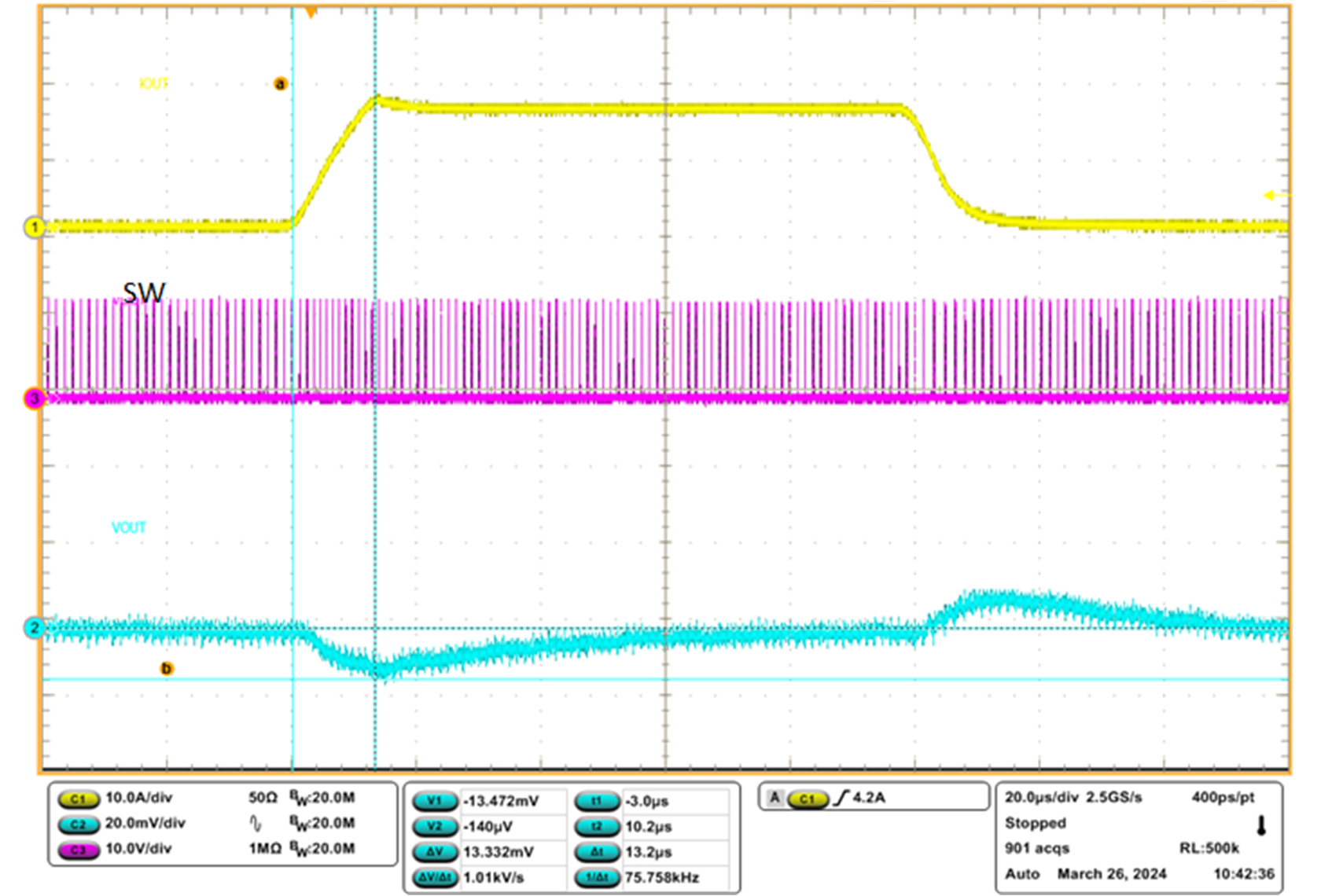 TPS544C27 負(fù)載瞬態(tài)響應(yīng)，F(xiàn)CCM，0A 至 15A 負(fù)載階躍，1A/μs