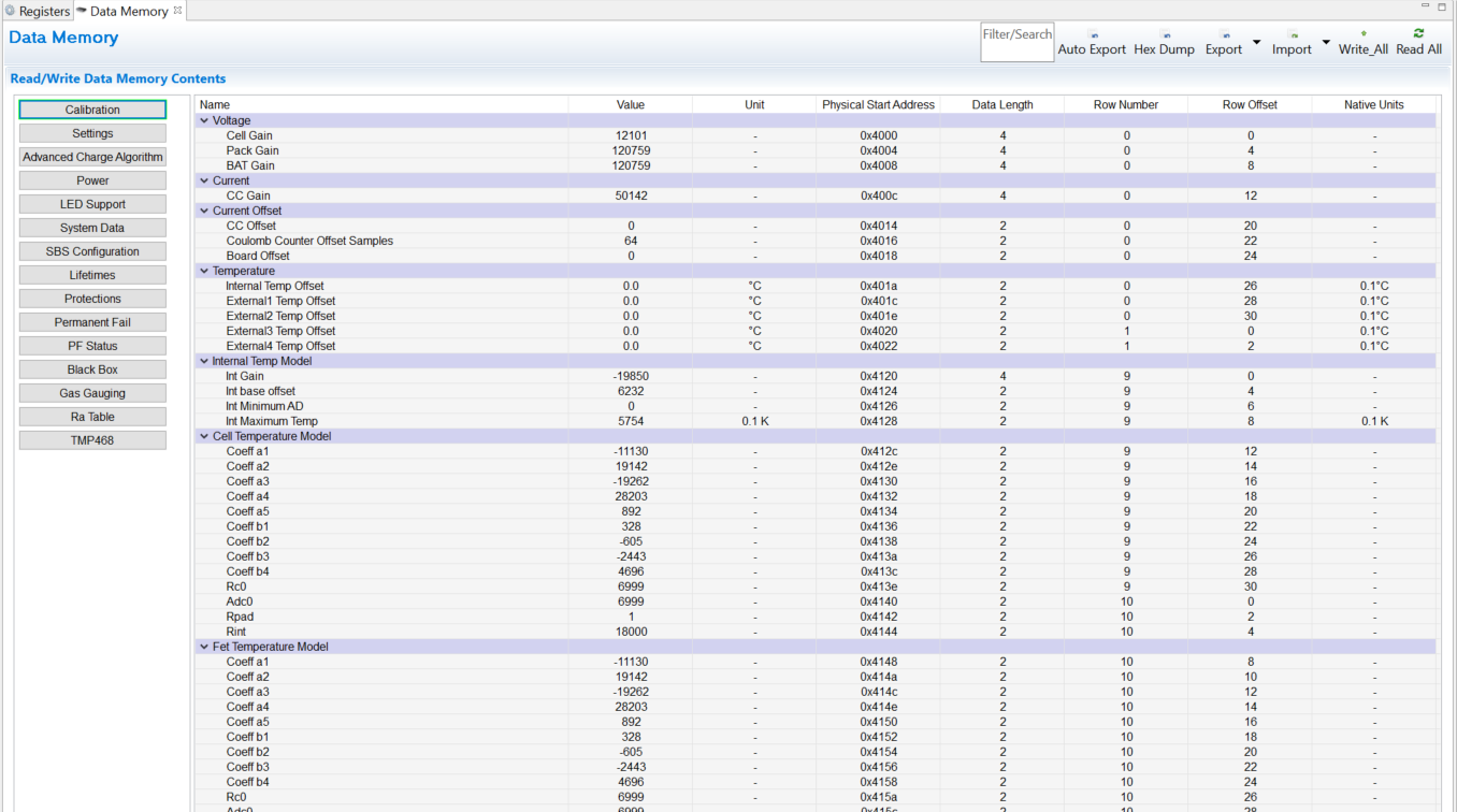 BQ41Z50EVM 數(shù)據(jù)存儲器屏幕