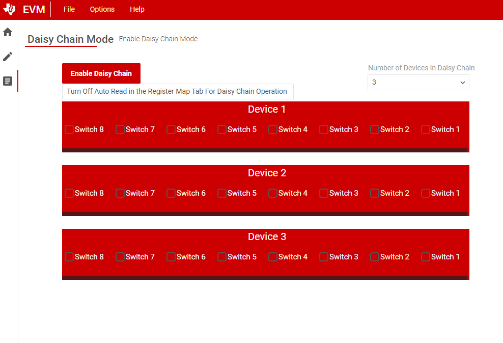 TMUXS7614DEVM TMUXS7614D-SPI-EVM GUI 菊花鏈模式選項(xiàng)卡