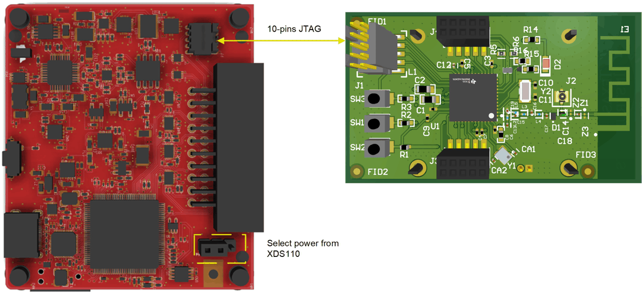 TIDA-010270 貼片和 LP-XDS110 之間的連接