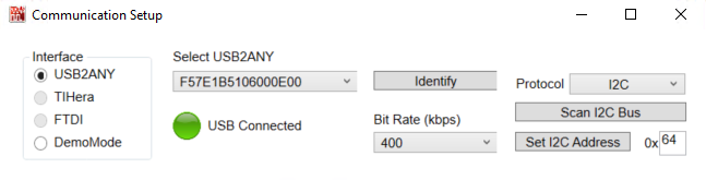 LMK5C33414AEVM 通信設(shè)置窗口（從 I2C 更改為 SPI）
