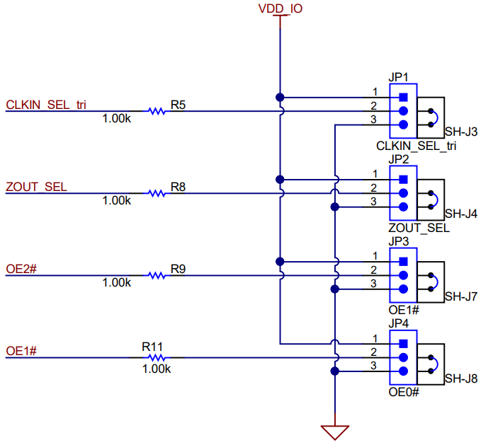 LMKDB1102EVM, LMKDB1202EVM 輸出使能引腳 (OE#) 和 LMKDB1202 邏輯 I/O 跳線