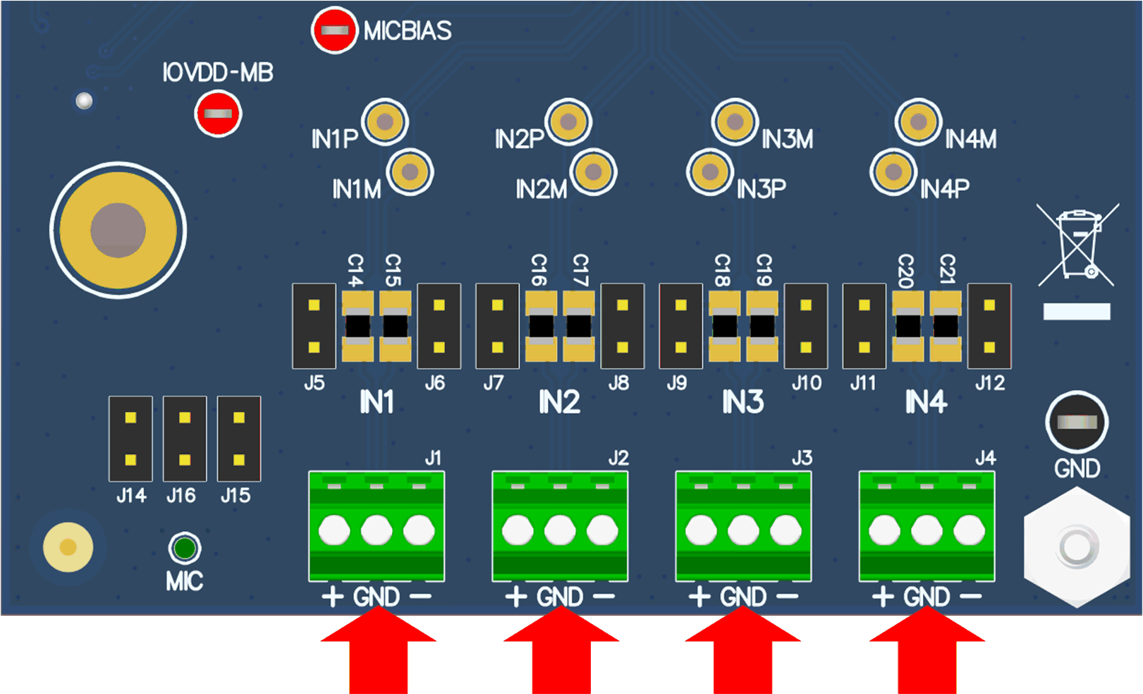 TAA3040 用于線路輸入應用的 TAA3040EVB 連接