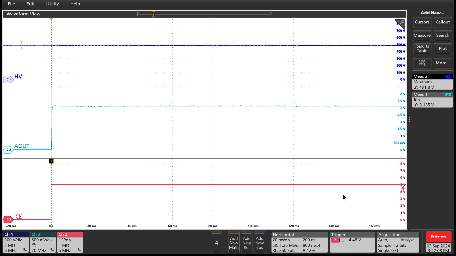 TPS4141Q1EVM HV=500V 時(shí)的 AOUT 電壓（CE=5V，DIV=160）