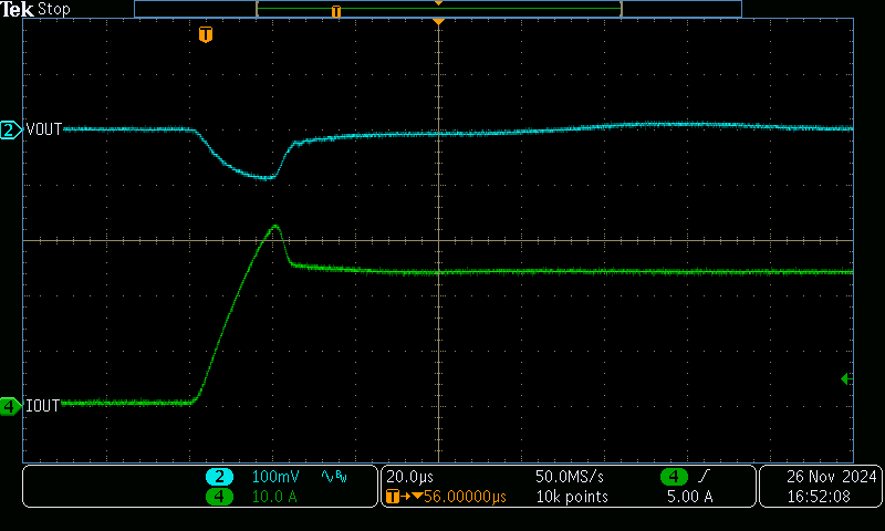 TPS7H4011QEVM-CVAL 對(duì) 500mA 至 24A 負(fù)載階躍的瞬態(tài)響應(yīng)