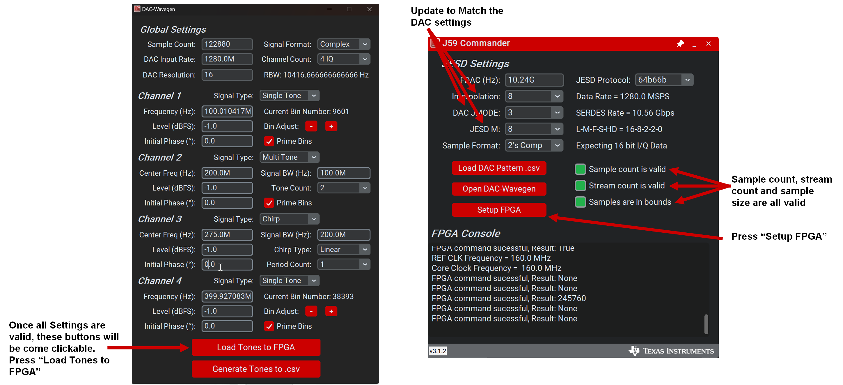 DAC39RF12EVM DAC Wavegen GUI 和 J59 命令設置詳細信息，步驟 3