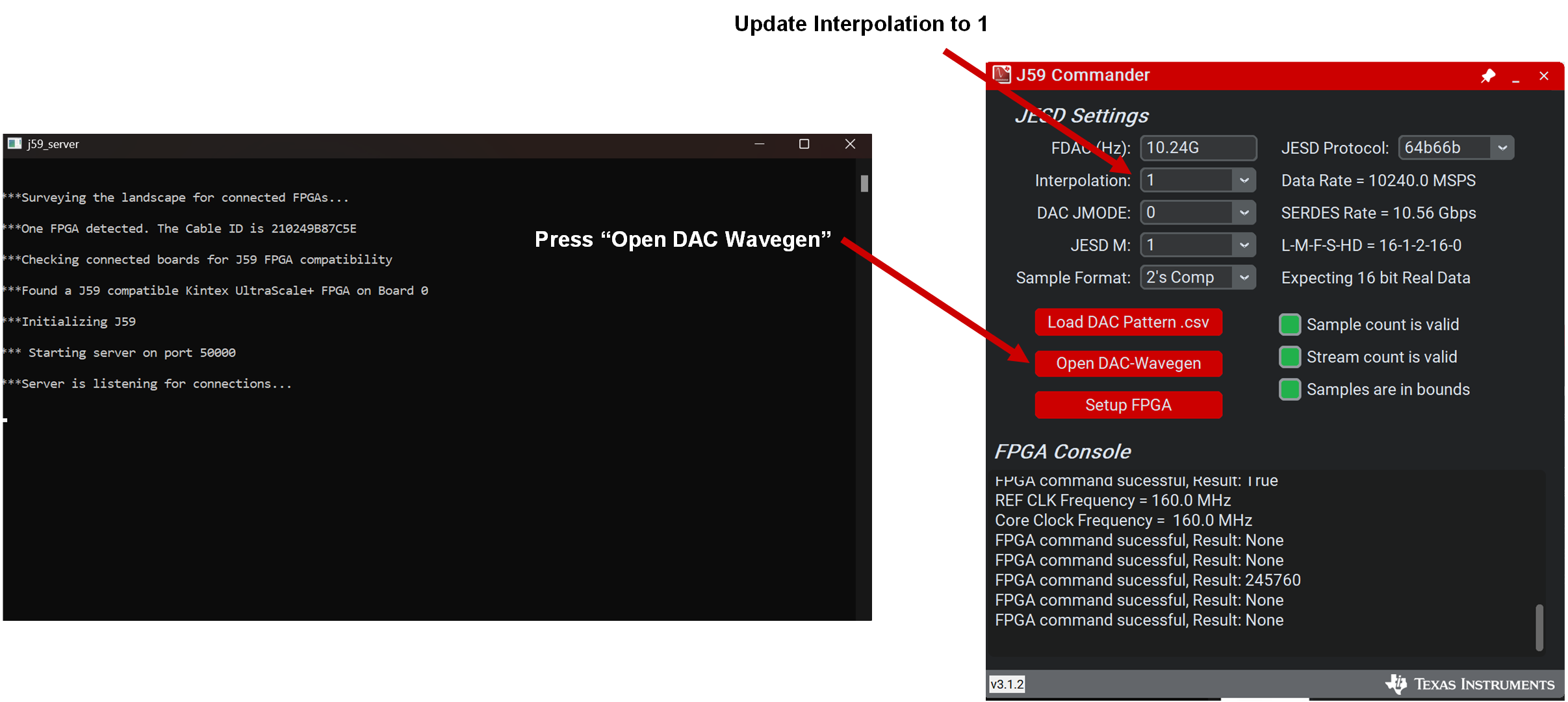 DAC39RF12EVM J59 Server.exe 和 J59 Commander，步驟 2