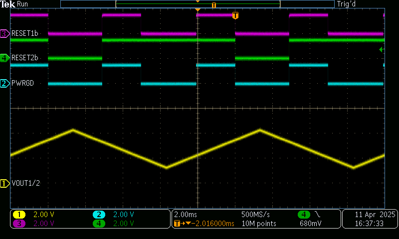 TPS7H3024EVM-CVAL DLY_TMR 懸空時的通道 1/2 調節(jié)監(jiān)控