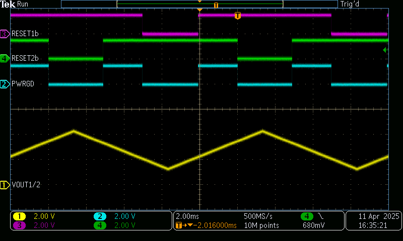 TPS7H3024EVM-CVAL DLY_TMR 懸空時的通道 1/2 調(diào)節(jié)監(jiān)控