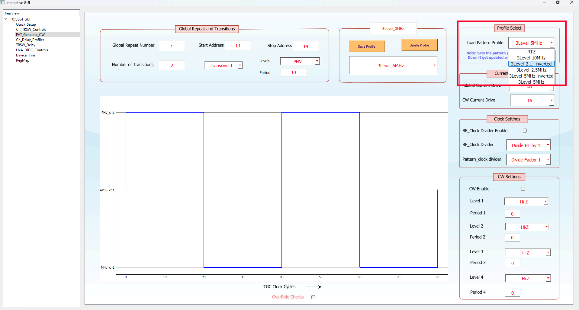 TX73L64EVM 圖案配置文件選擇頁面