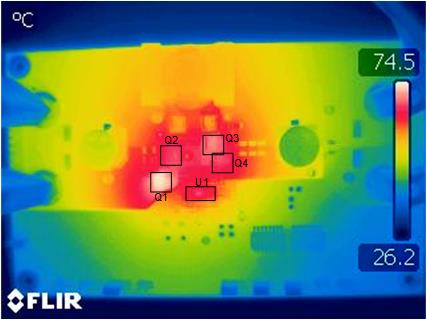 LM51770 熱像圖：VIN = 48V，IOUT = 4.0A，無強(qiáng)制空氣冷卻