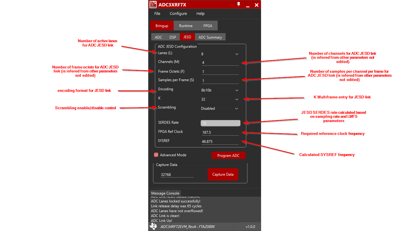ADC34RF72 EVM GUI：帶標(biāo)簽的 JESD 選項(xiàng)卡