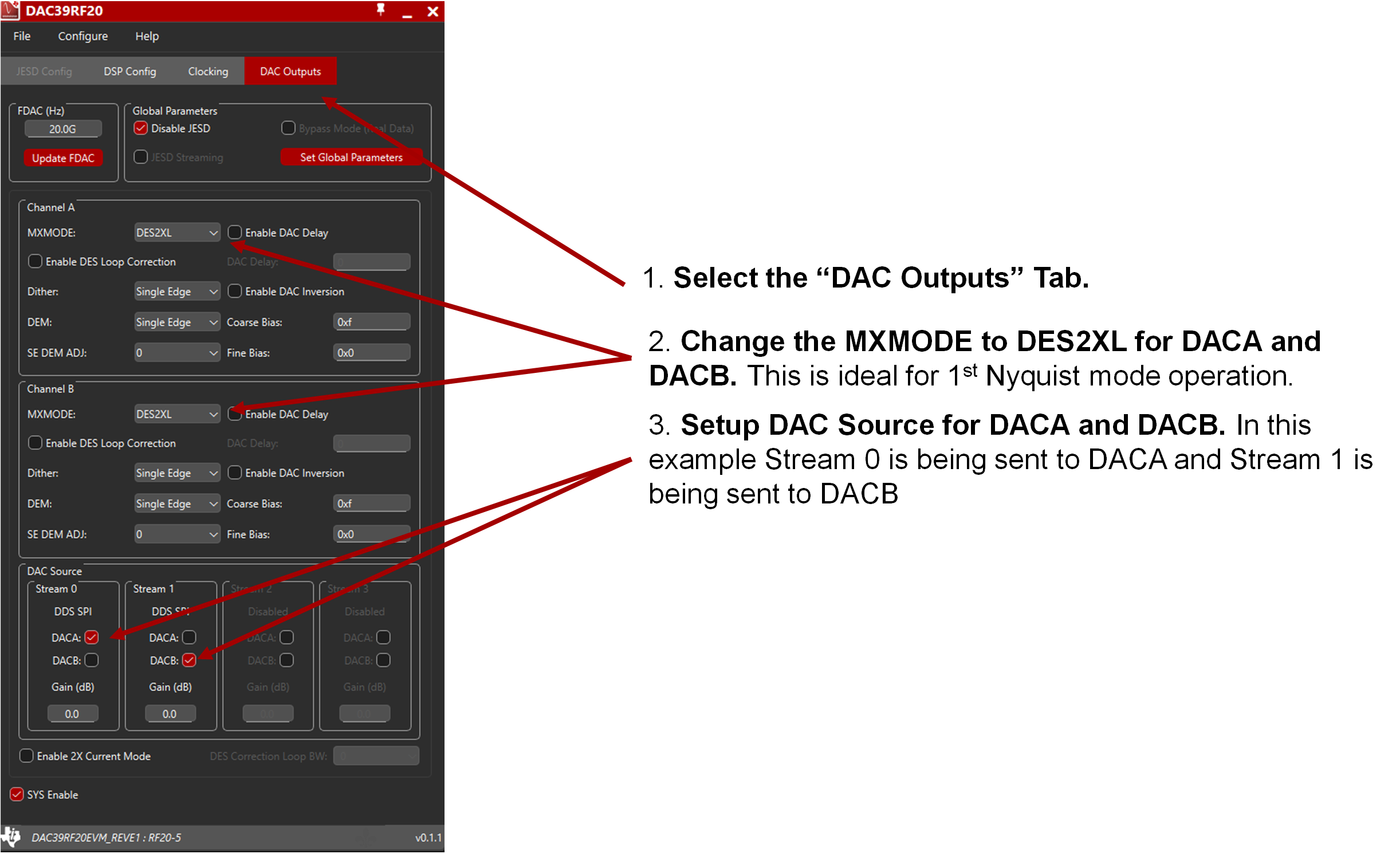 DAC39RF20EVM DDS 模式的 EVM GUI 配置 -“DAC Outputs”選項(xiàng)卡