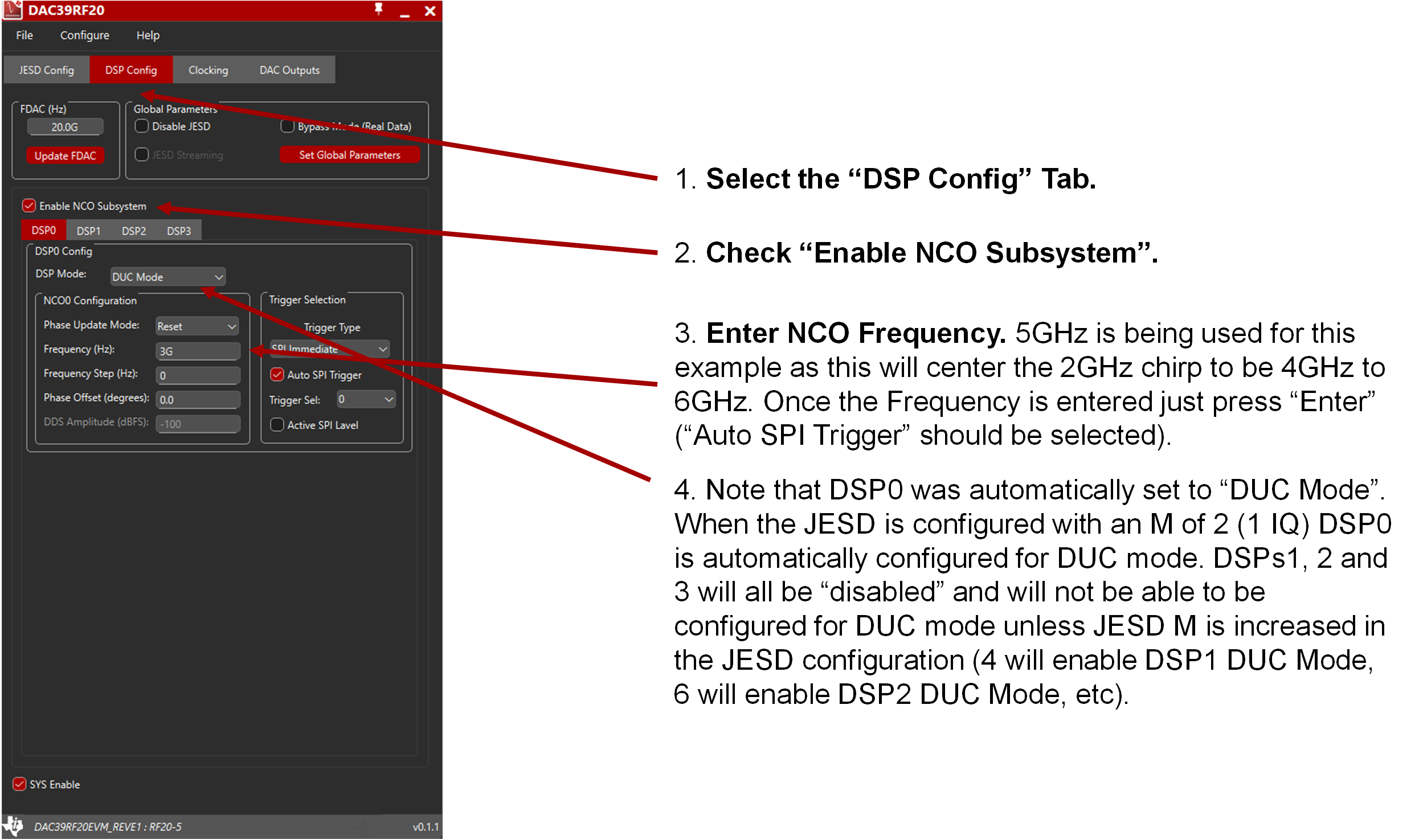 DAC39RF20EVM JMode 1 的 EVM GUI 配置 - 針對(duì) NCO 設(shè)置“DSP Config”選項(xiàng)卡，第 1 部分