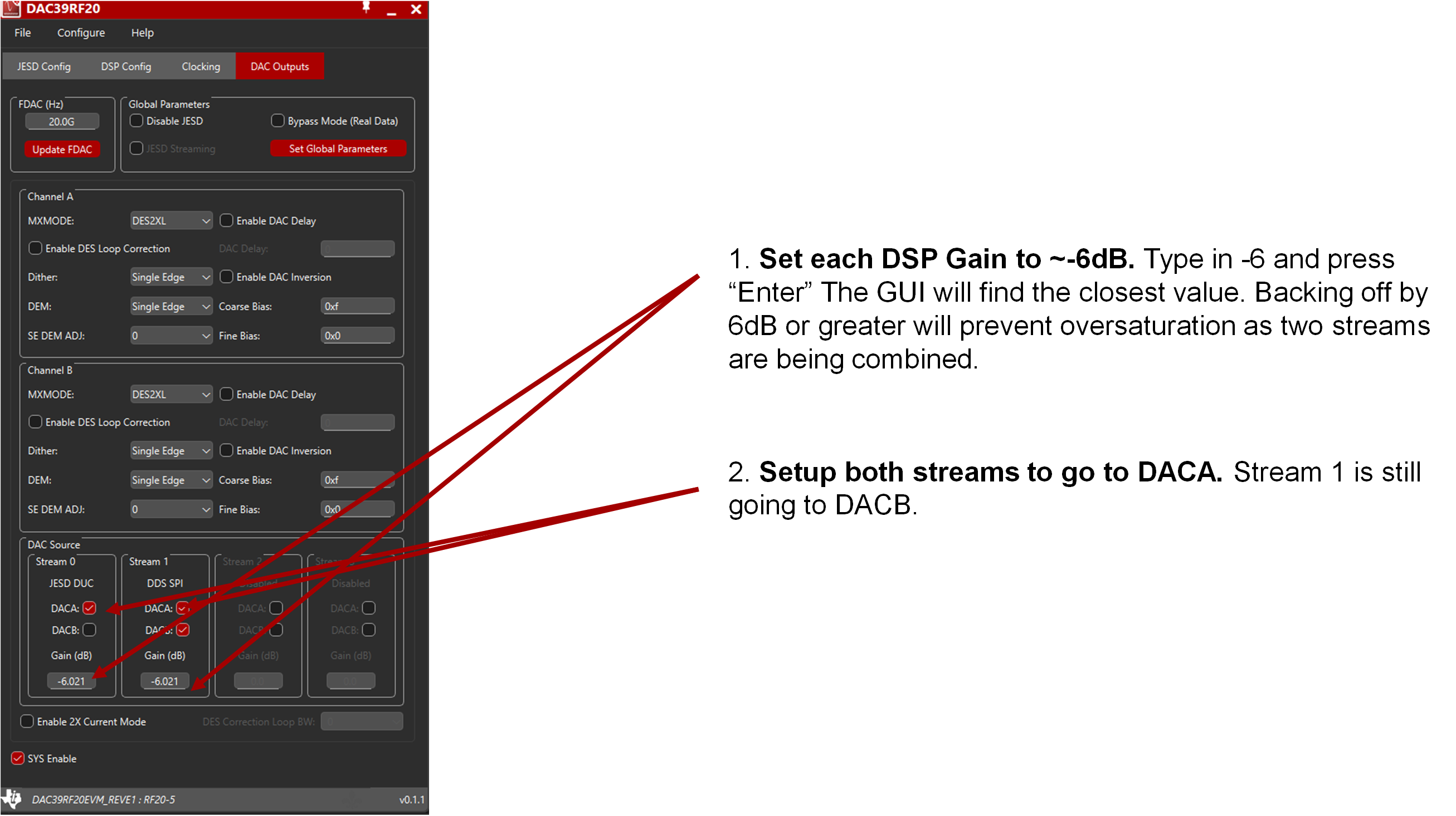 DAC39RF20EVM JMODE 1 下在單個(gè) DAC 輸出中包含多路數(shù)據(jù)流的 DAC39RF20 GUI 示例