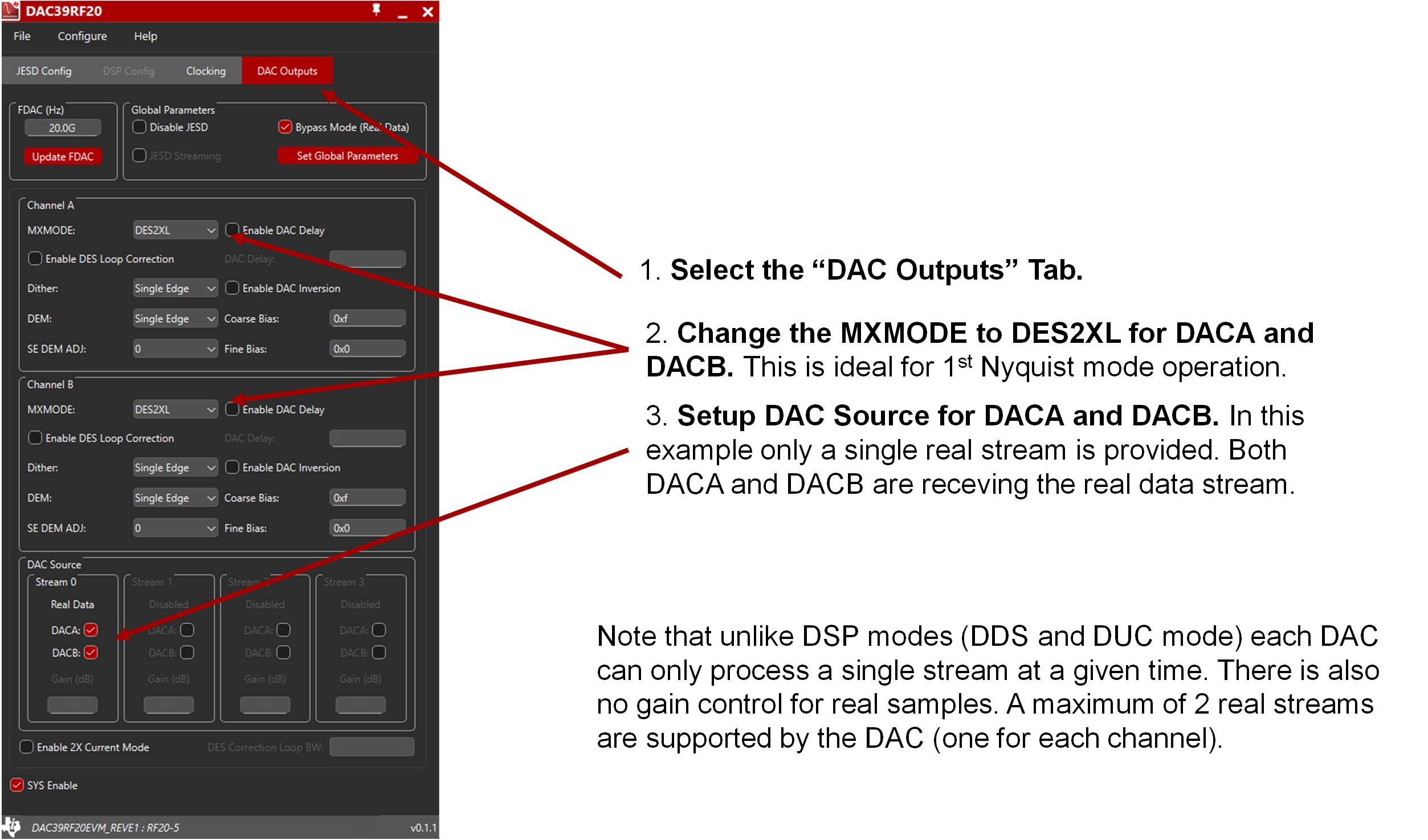 DAC39RF20EVM JMode 0 的 EVM GUI 配置 - 設(shè)置“DAC Outputs”選項(xiàng)卡