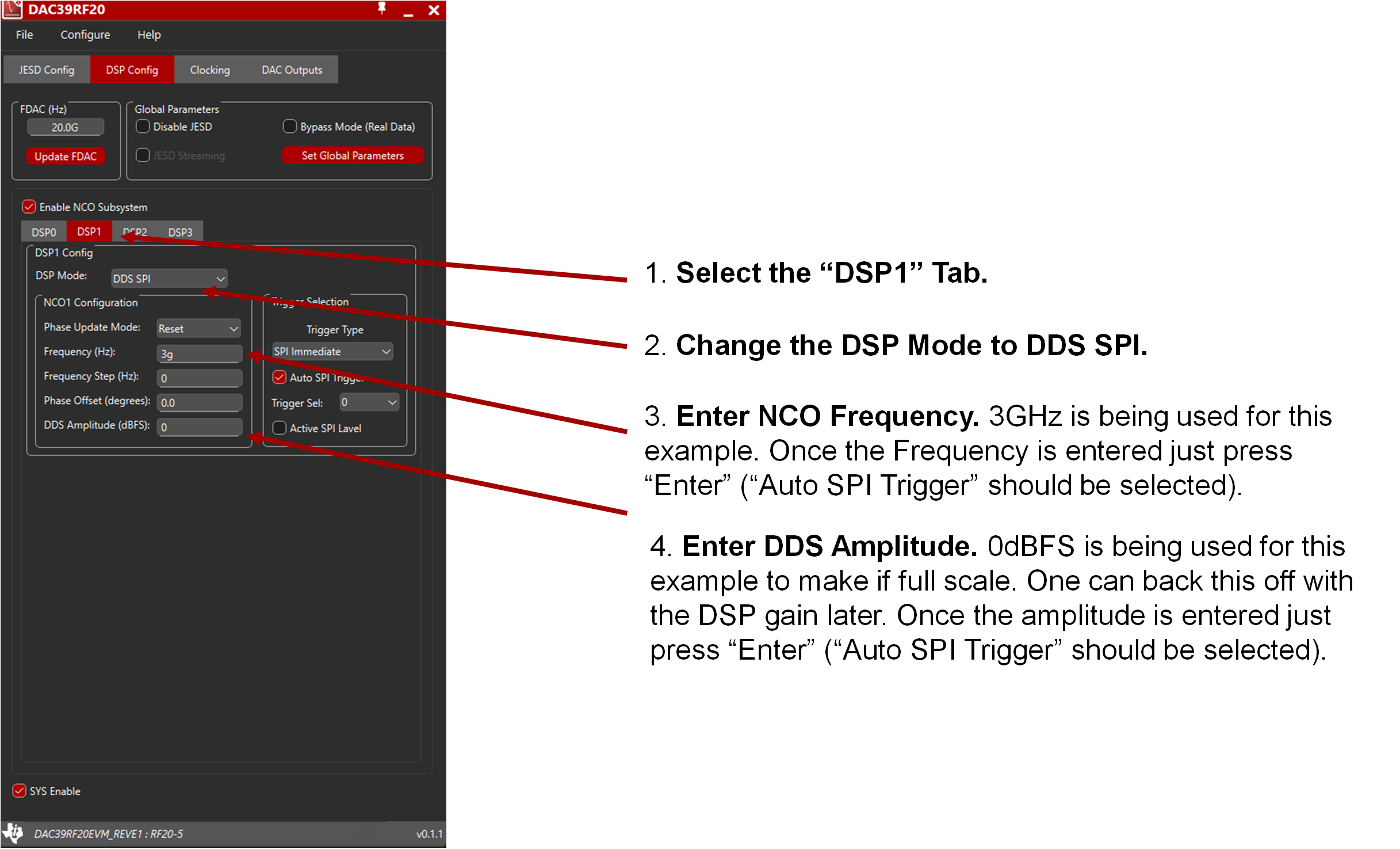 DAC39RF20EVM JMode 1 的 EVM GUI 配置 - 針對(duì) NCO 設(shè)置“DSP Config”選項(xiàng)卡，第 2 部分