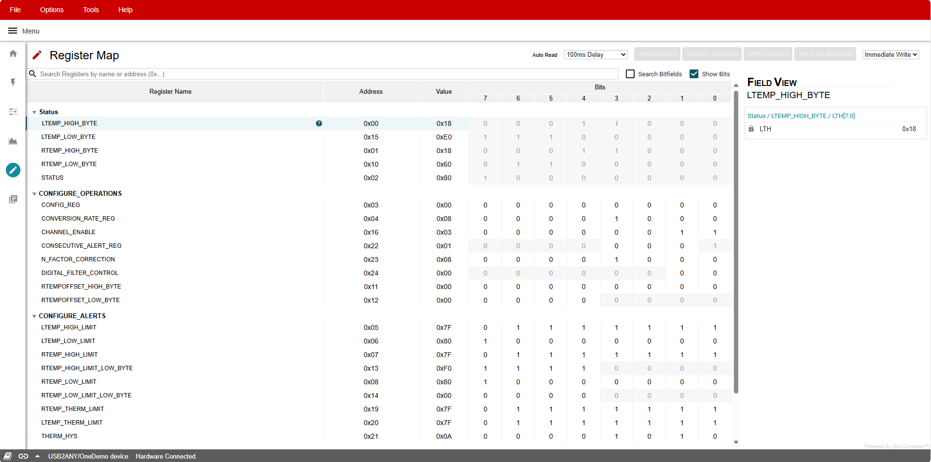 TMP461EPEVM 寄存器