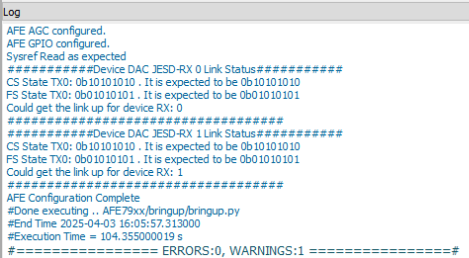 AFE7900EVM AFE7920EVM TSW14J58EVM bringup.py 成功后的 Latte 日志
