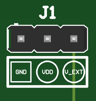 TMUX48XX-DSG-DDF-EVM 接頭 J1：J1-1 (GND)、J1-2（連接到器件 VDD）、J1-3 (V_EXT)