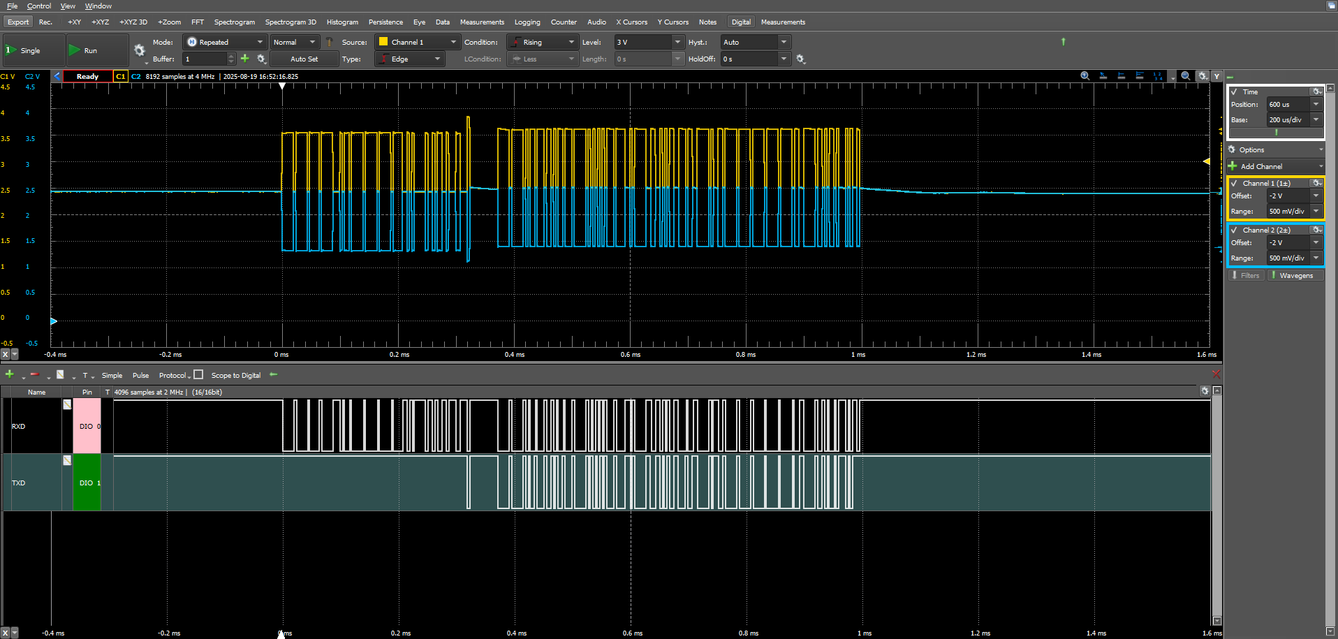 TCAN5102-Q1 CANH（黃色）、CANL（藍色）、TXD/RXD 波形