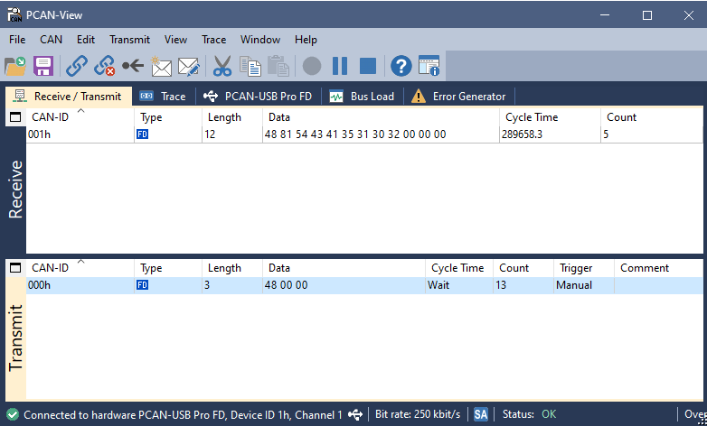 TCAN5102-Q1 已傳輸/已接收的消息