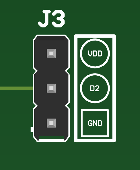 TMUX2821DSGDDF-EVM 接頭 J3：J3-1 (VDD)、J3-2（連接到器件 D2）、J3-3 (GND)