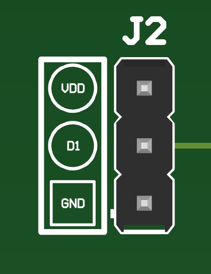 TMUX2821DSGDDF-EVM 接頭 J2：J2-1 (VDD)、J2-2（連接到器件 D1）、J2-3 (GND)