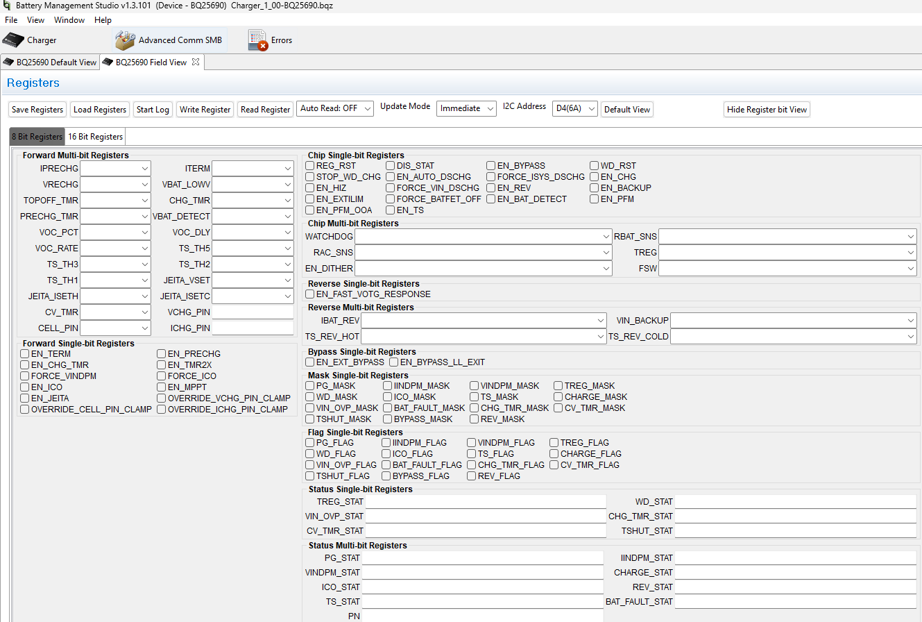 BQ25690EVM BQ25690 EVM 軟件的 8 位和 16 位寄存器選項卡的字段視圖
