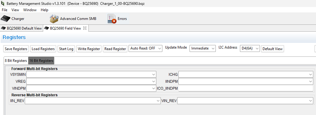 BQ25690EVM BQ25690 EVM 軟件的 8 位和 16 位寄存器選項卡的字段視圖