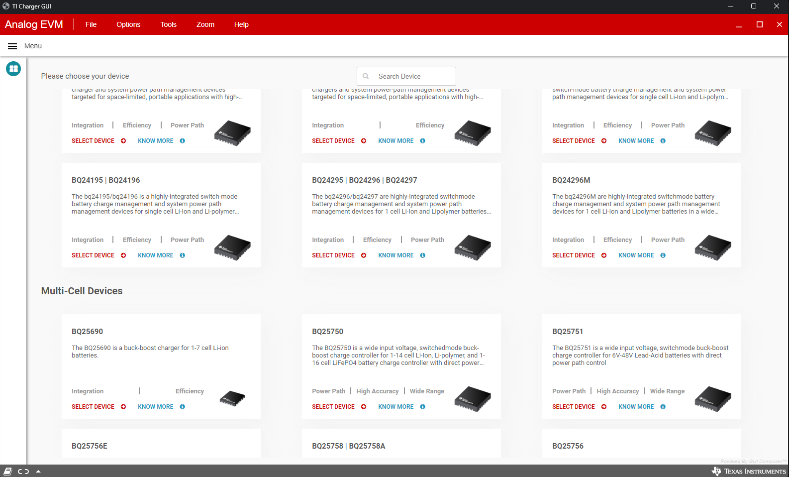 BQ25690EVM TI-CHARGER-GUI 啟動頁面