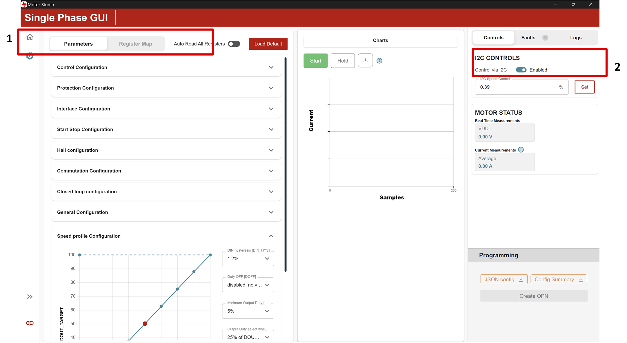 MC121EVM 單相 GUI 中的“Parameters”（參數(shù)）選項(xiàng)卡、“Register Map”（寄存器映射）選項(xiàng)卡和 I2C 控制