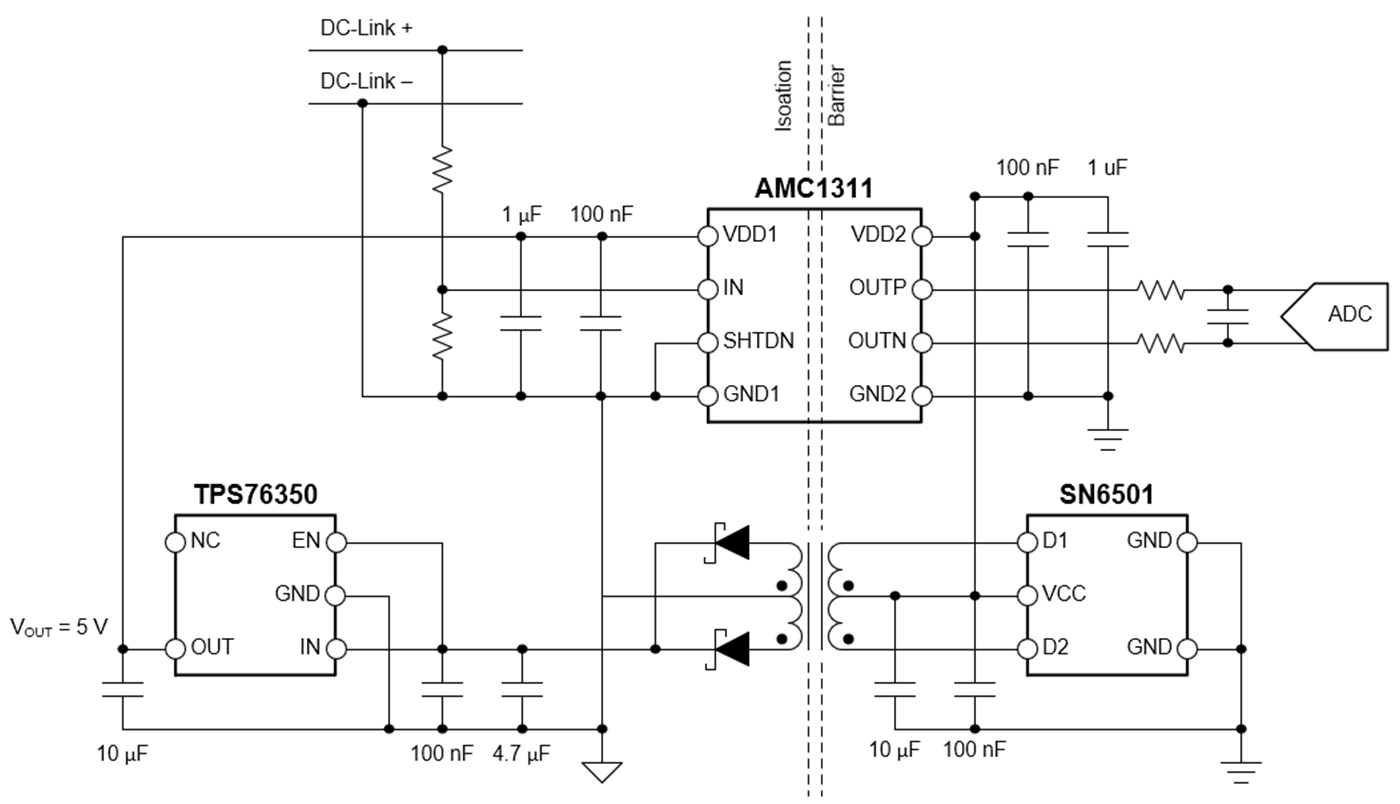  AMC1311 隔離式放大器與分立式隔離變壓器電路。