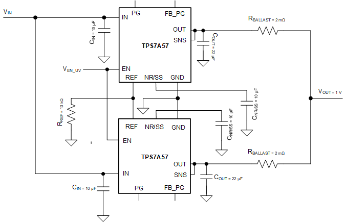 TPS7A57-Q1 并聯(lián)多個 TPS7A57 器件