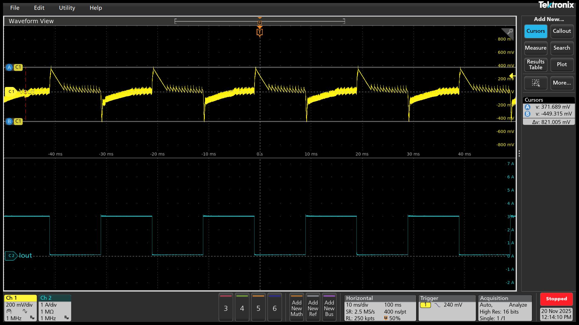 UCG28824EVM-124 VOUT = 9V 過沖/下沖= 380mV/-450mV 條件下的瞬態(tài)響應(yīng)