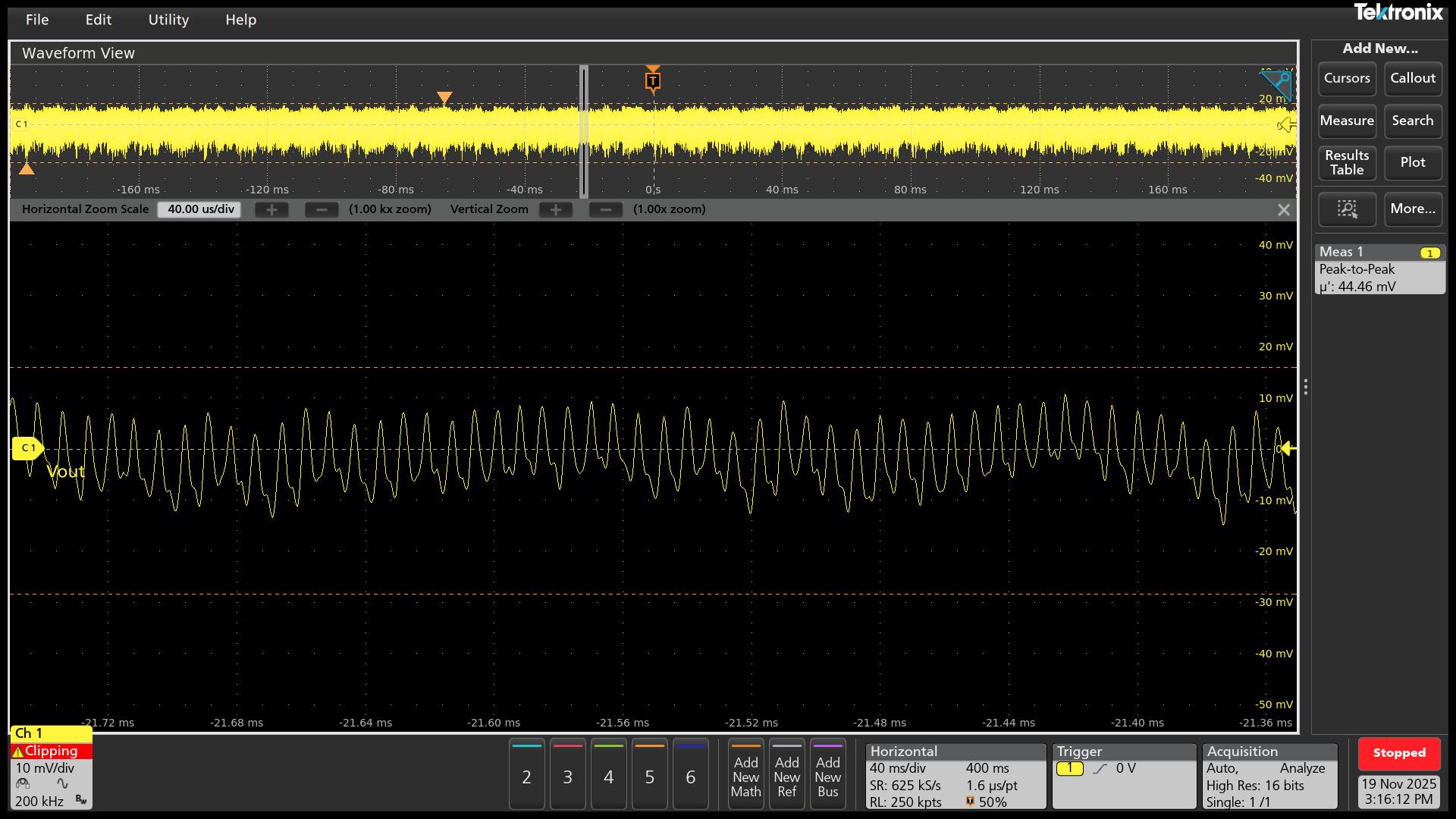 UCG28824EVM-124 VOUT = 24V 且滿負(fù)載時(shí)的典型紋波電壓 (45mVpp)