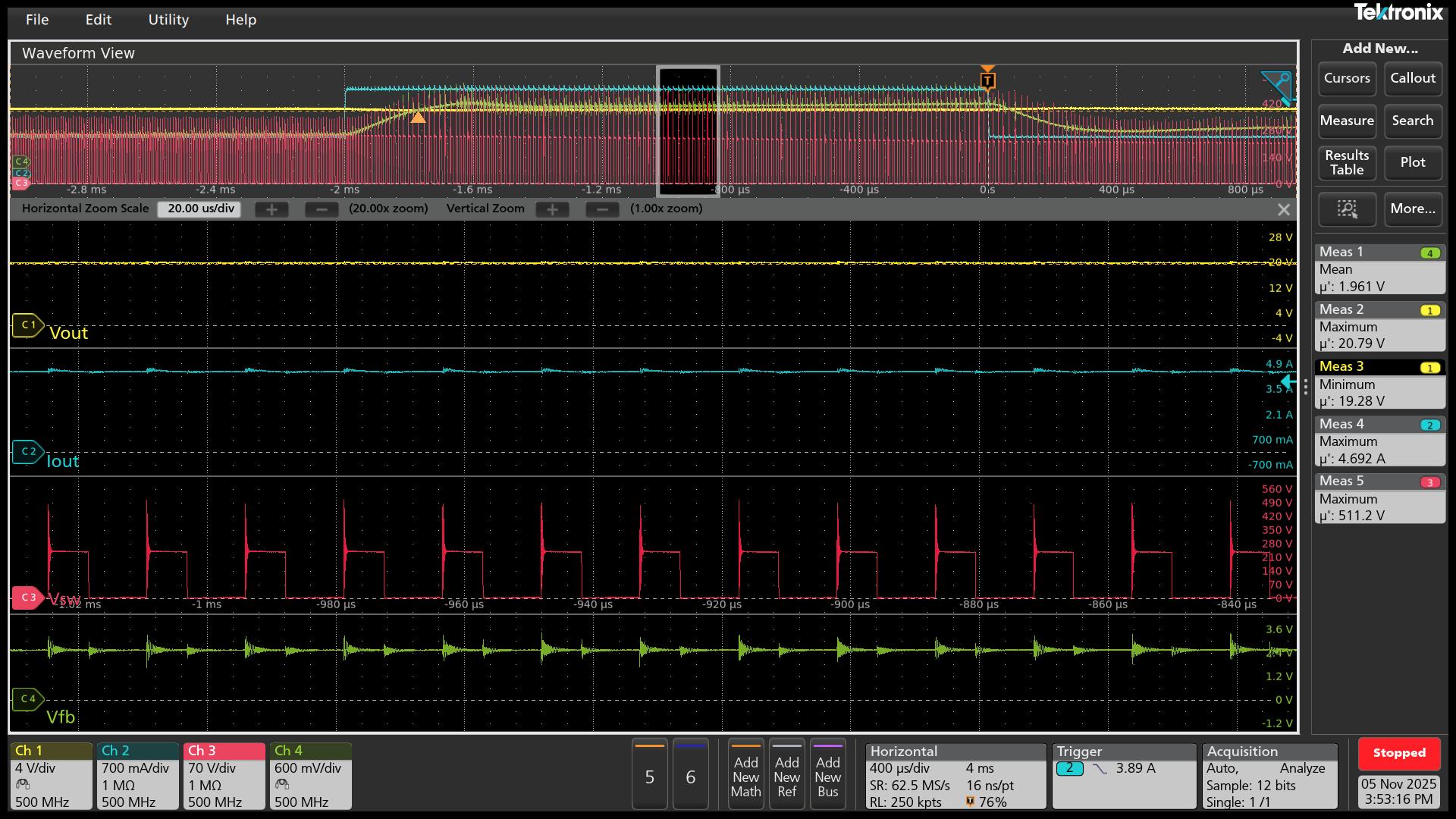 UCG28824EVM-124 VIN = 90Vac（2 倍額定電流并持續(xù) 2ms，0.9 倍額定電流并持續(xù) 18ms）– 縮放版本