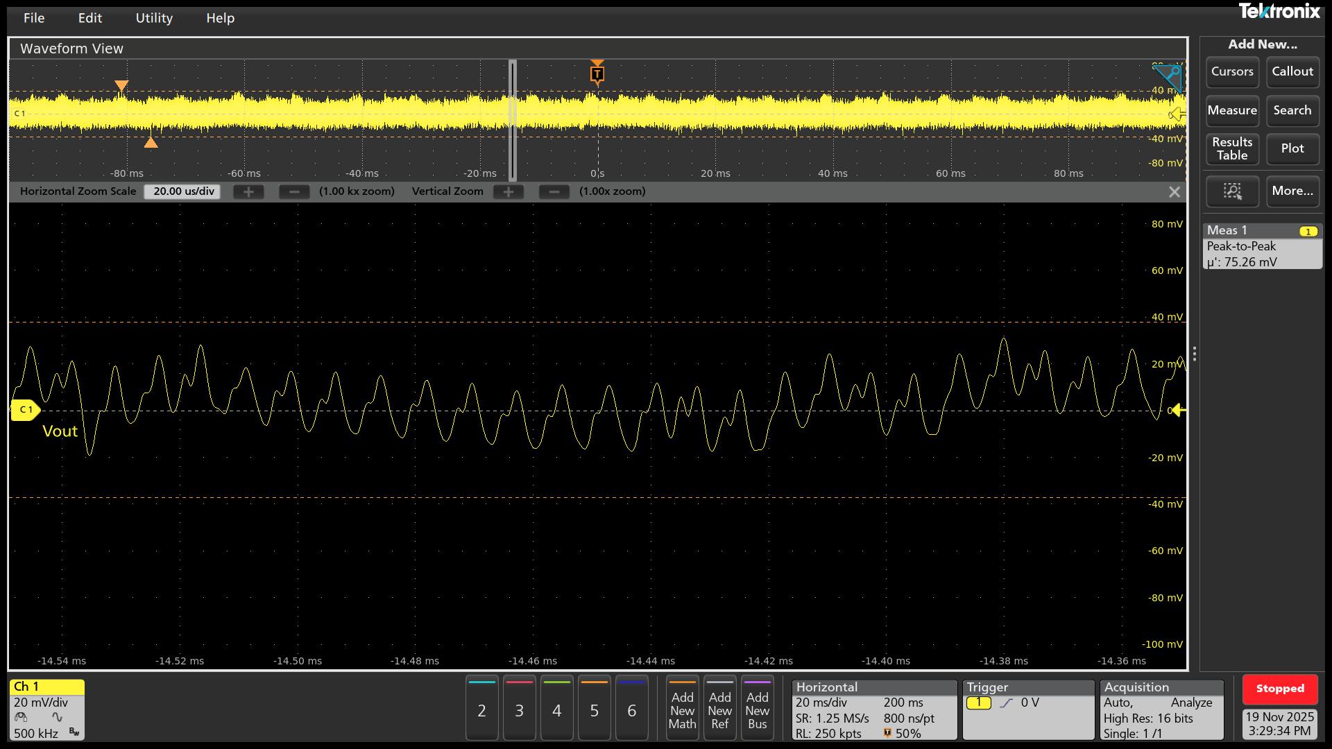 UCG28824EVM-124 VOUT = 15V 且滿負(fù)載時(shí)的典型紋波電壓 (75mVpp)
