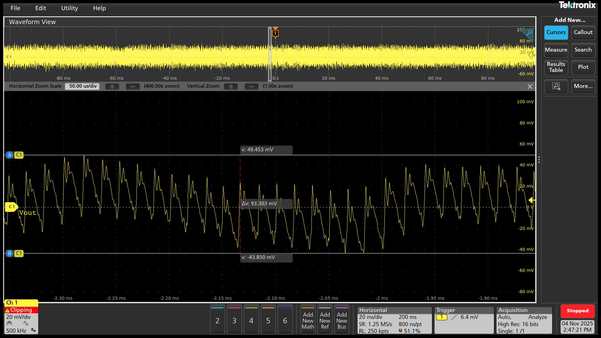 UCG28824EVM-124 VOUT = 5V 且滿負(fù)載時(shí)的典型紋波電壓 (93mVpp)