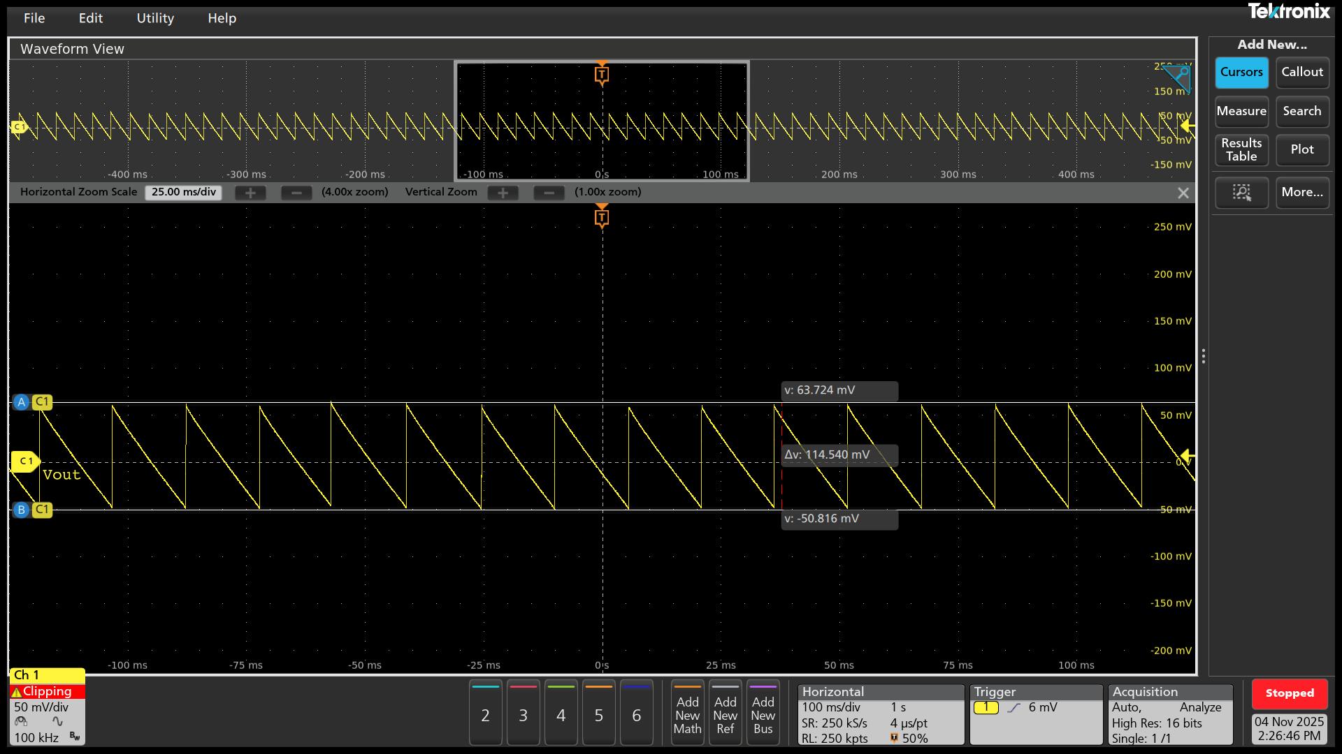 UCG28824EVM-124 VOUT = 5V 且無(wú)負(fù)載時(shí)的典型紋波電壓 (115mVpp)