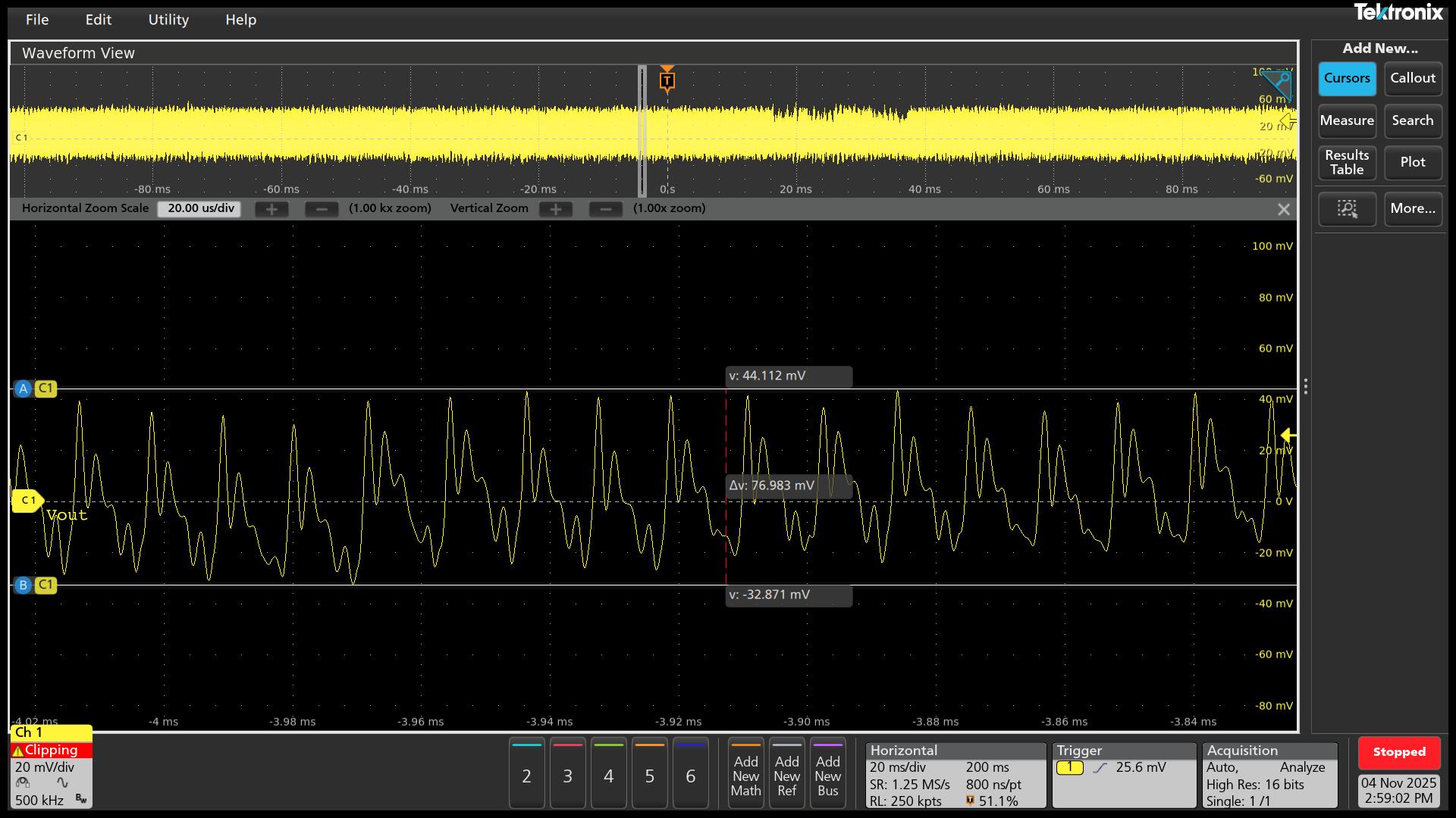 UCG28824EVM-124 VOUT = 9V 且滿負(fù)載時(shí)的典型紋波電壓 (77mVpp)